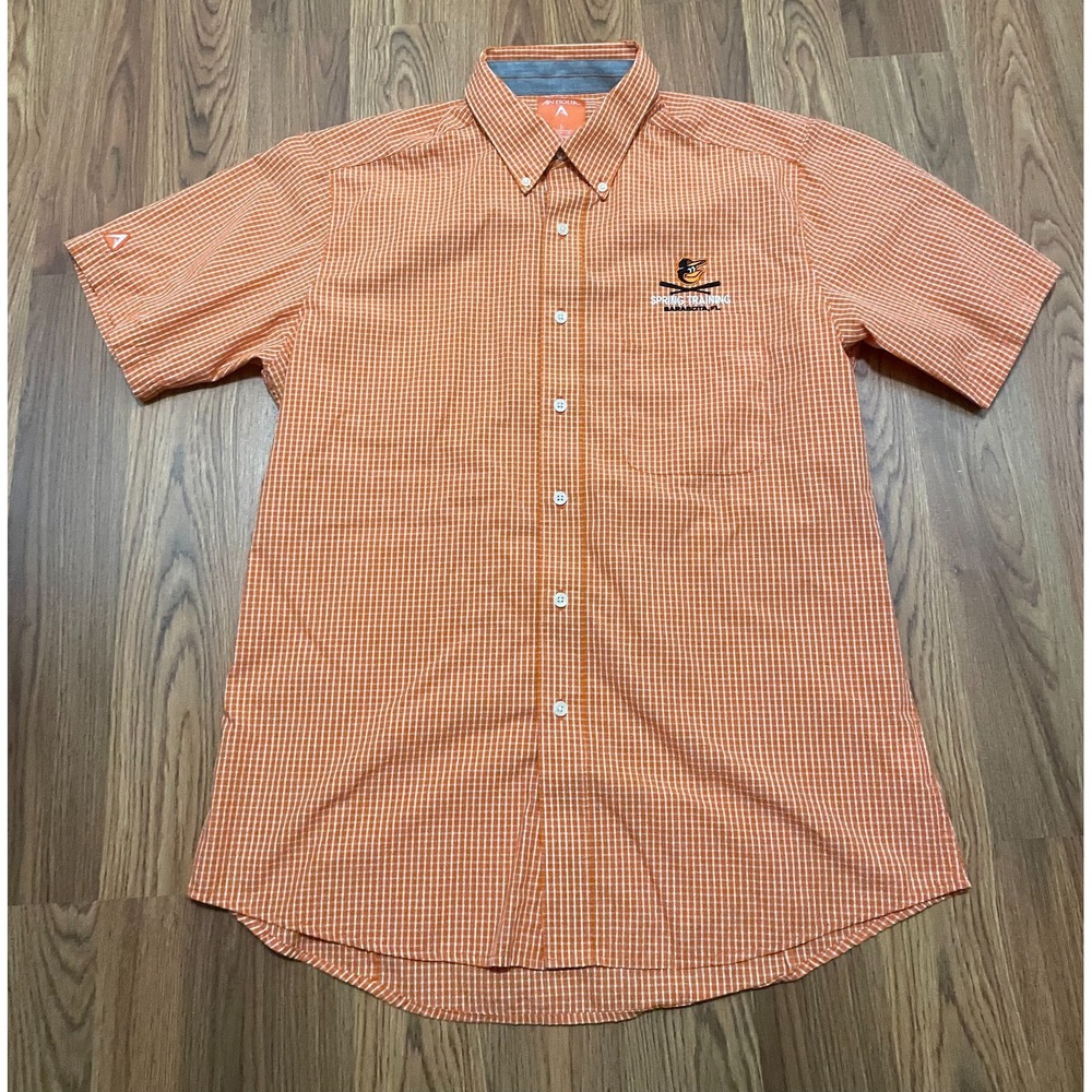 Baltimore Orioles Shirt Mens Large Spring Training Check Button Front Orange